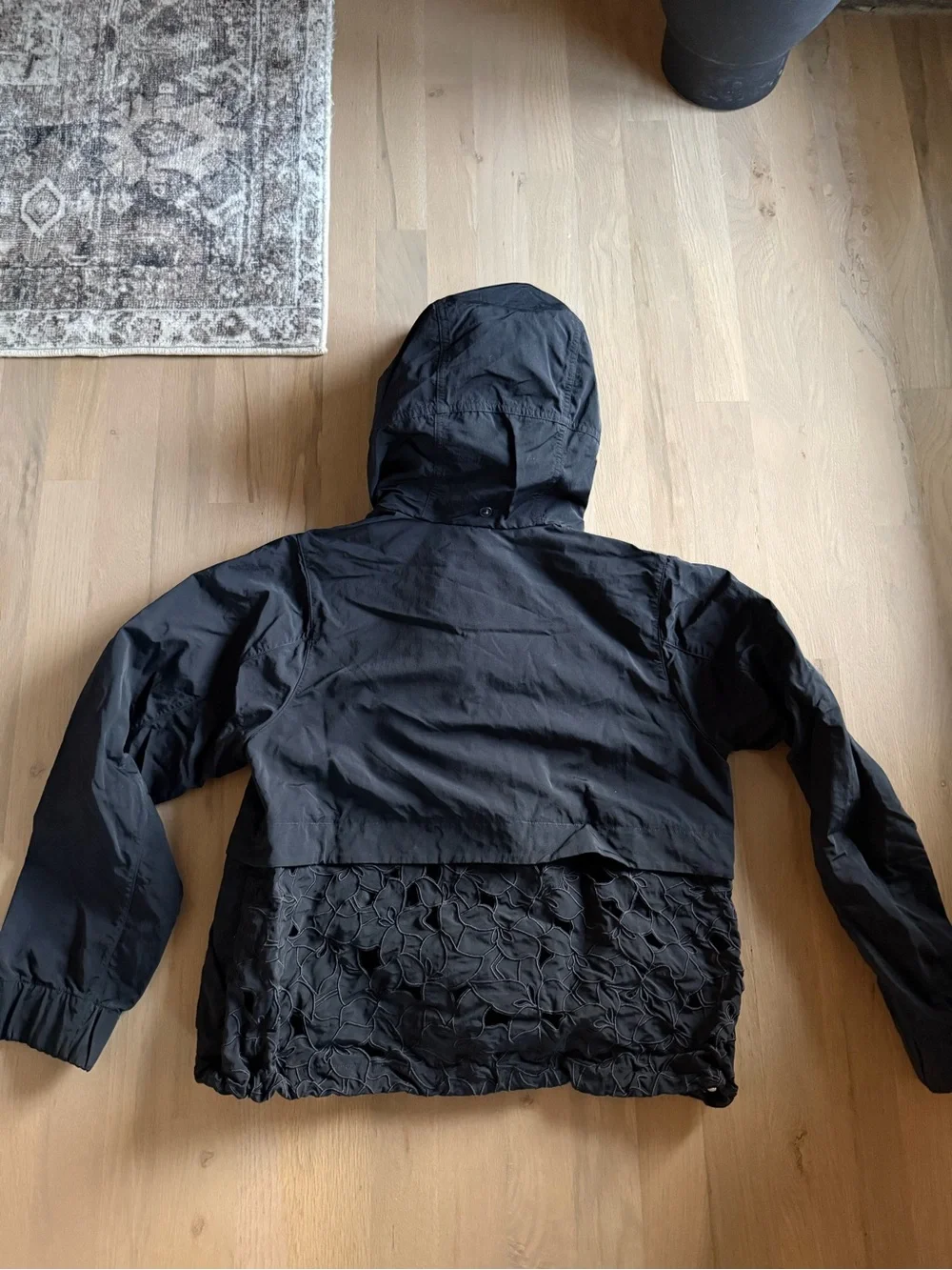 Lululemon Black Hooded Lightweight Jacket with lace floral detail